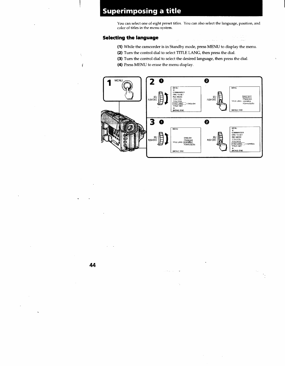 Superimposing a title | Sony CCD-TRV62 User Manual | Page 44 / 84