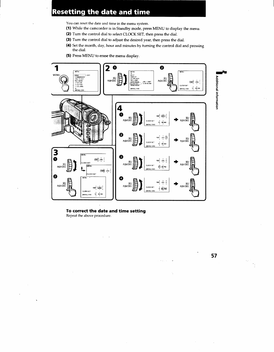 Resetting the date and time, To correct the date and time setting | Sony CCD-TRV62 User Manual | Page 57 / 84