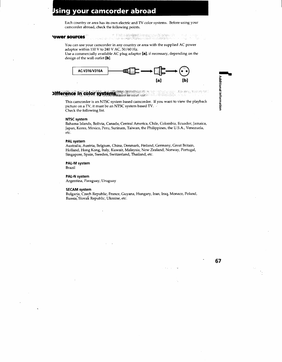 Sing your camcorder abroad, Ac-v316a/316a, Ntsc system | Pal system, Pal-m system, Pal-n system, Secam system, Using your camcorder abroad.67, Ower sources, B] difference in coior systems | Sony CCD-TRV62 User Manual | Page 67 / 84