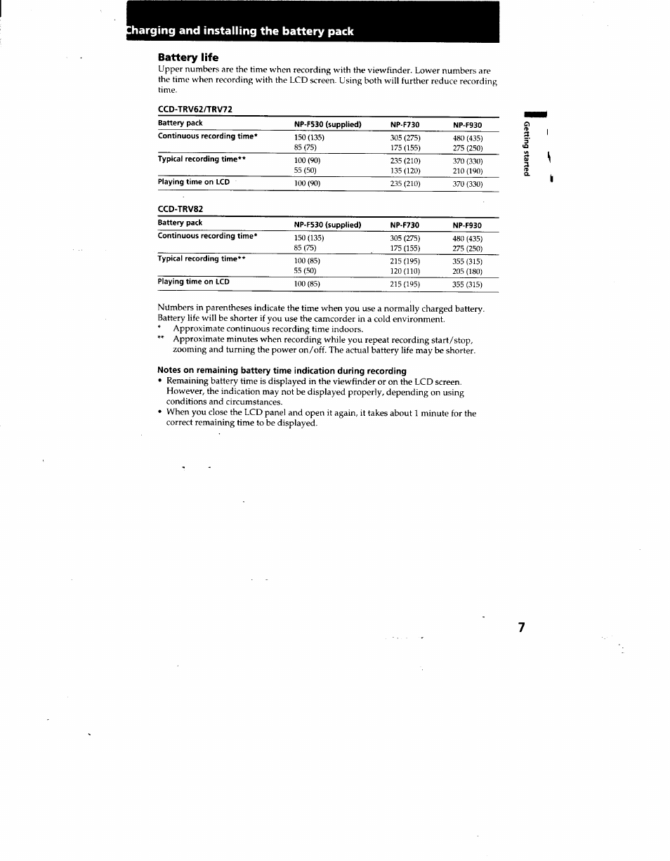 Battery life, Ccd-trv62/trv72, Harging and installing the battery pack | Sony CCD-TRV62 User Manual | Page 7 / 84
