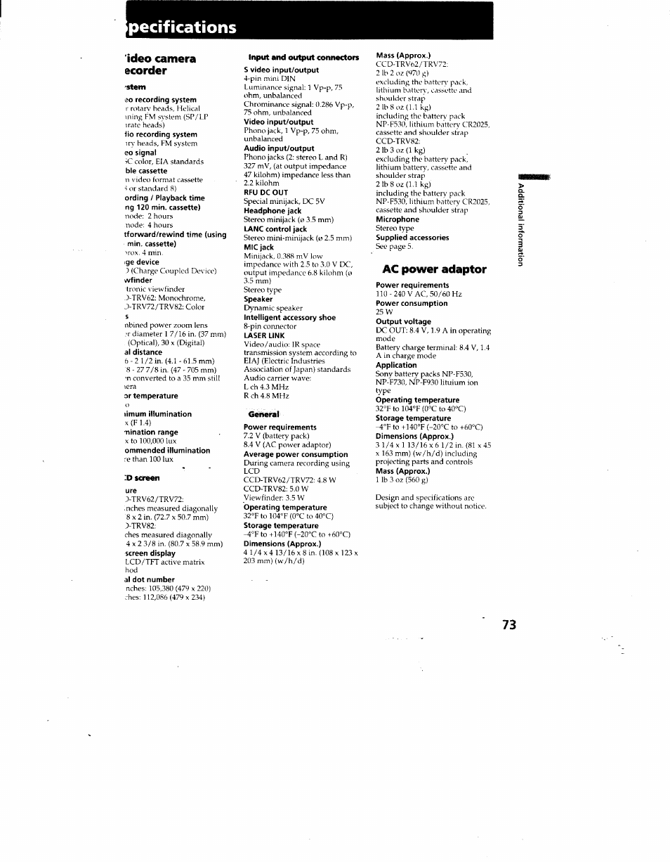 Pecifications, Ideo camera scordar, Stem | Input and output connectors, General, Ac power adaptor, Precautions | Sony CCD-TRV62 User Manual | Page 73 / 84