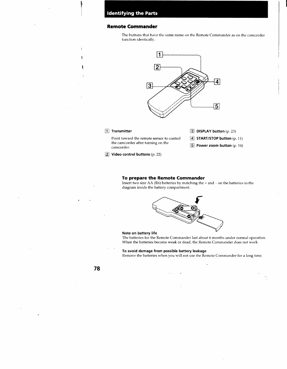 Remote commander, T] transmitter, 2\ video control buttons (p. 22) | To prepare the remote commander, To avoid damage from possible battery leakage, Identifying the parts | Sony CCD-TRV62 User Manual | Page 78 / 84