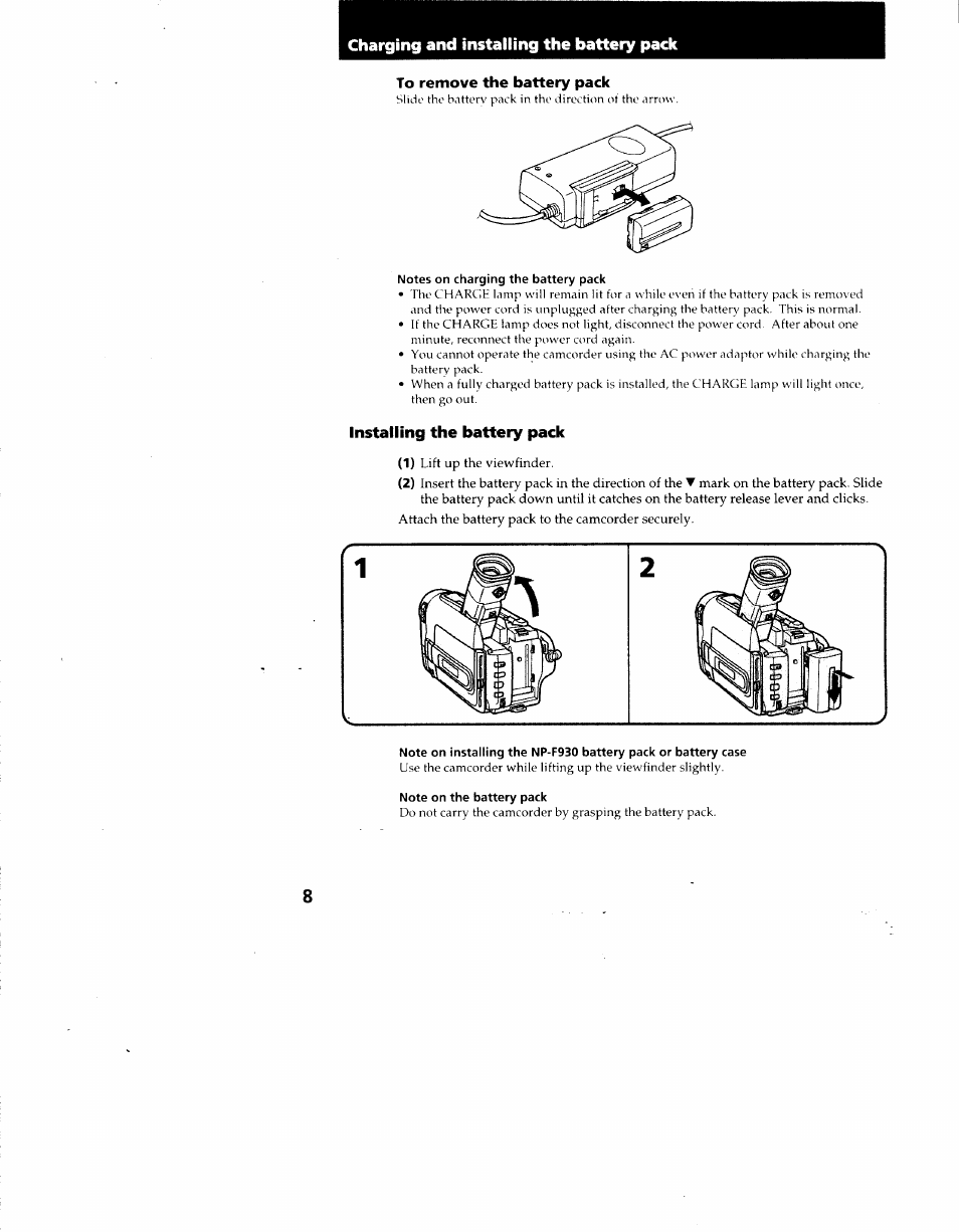 Notes on charging the battery pack, Note on the battery pack | Sony CCD-TRV62 User Manual | Page 8 / 84