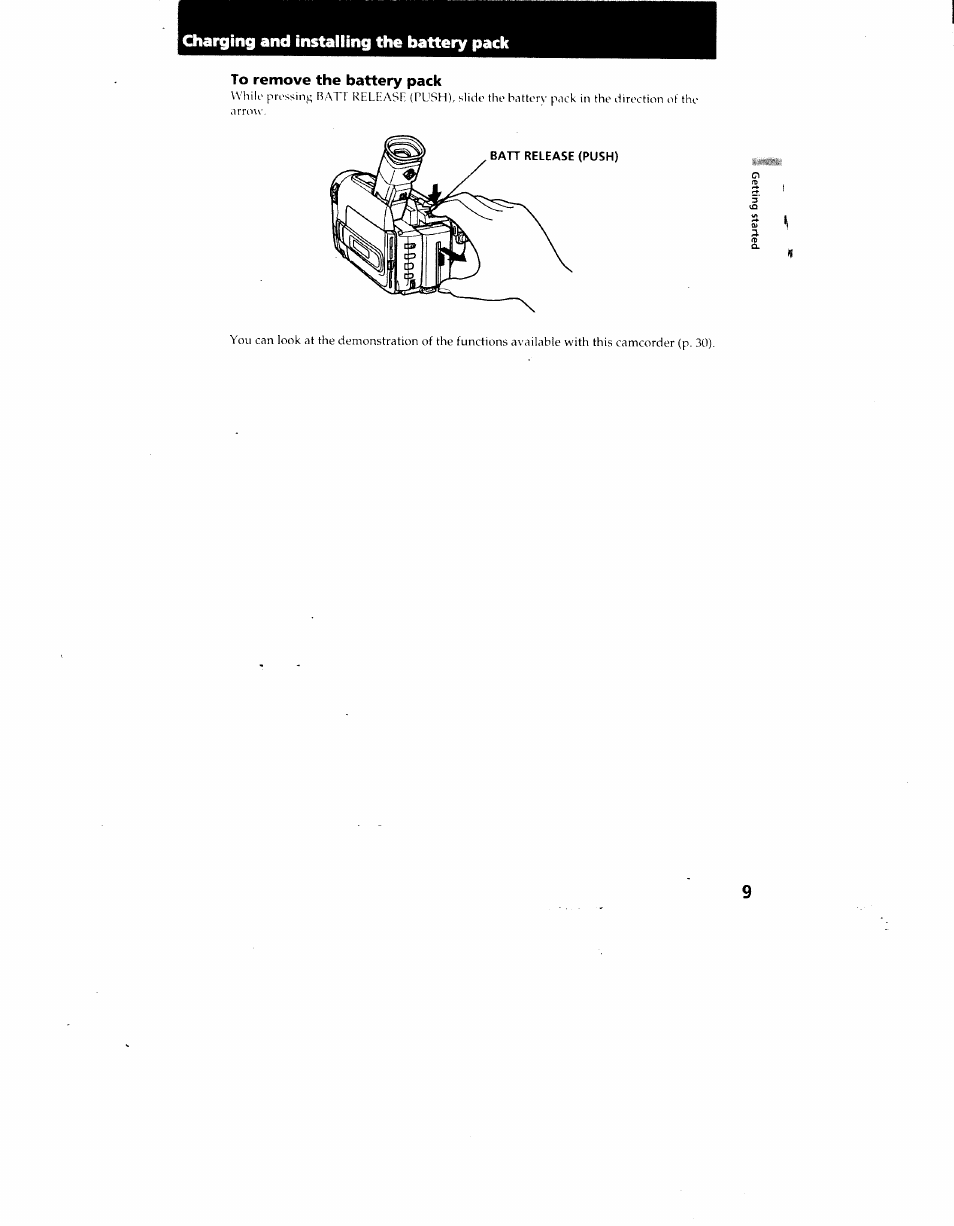 Charging and installing the battery pack | Sony CCD-TRV62 User Manual | Page 9 / 84