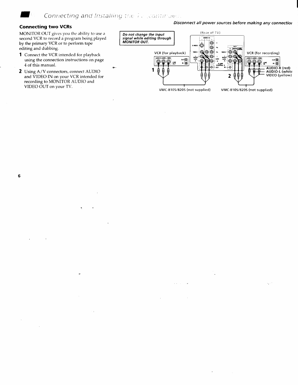 Connecting two vcrs, Connecting and insialliny | Sony KV-36XBR200 User Manual | Page 10 / 42