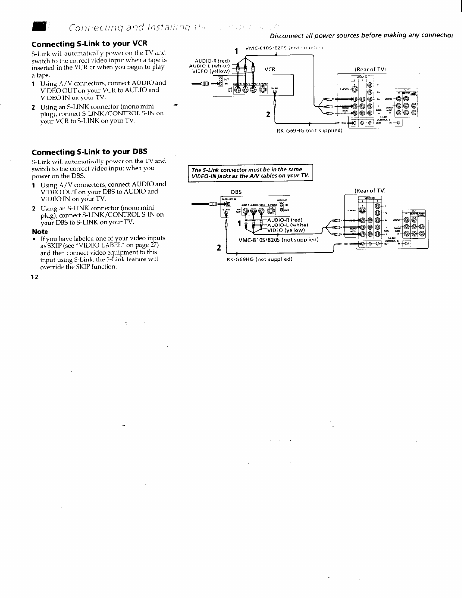 Connecting s-link to your vcr, Connecting s-link to your dbs, Note | Connecting and instaiir | Sony KV-36XBR200 User Manual | Page 16 / 42