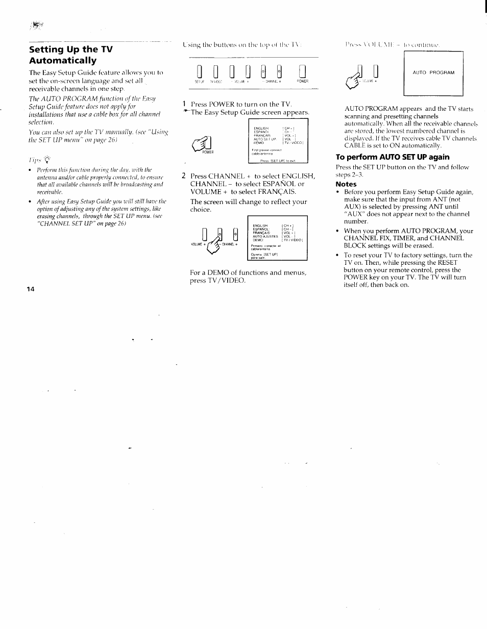 Setting up the tv automatically, To perform auto set up again, Notes | Sony KV-36XBR200 User Manual | Page 18 / 42