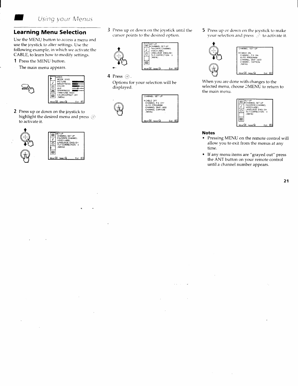 Notes, Using your menus learning menu selection | Sony KV-36XBR200 User Manual | Page 25 / 42