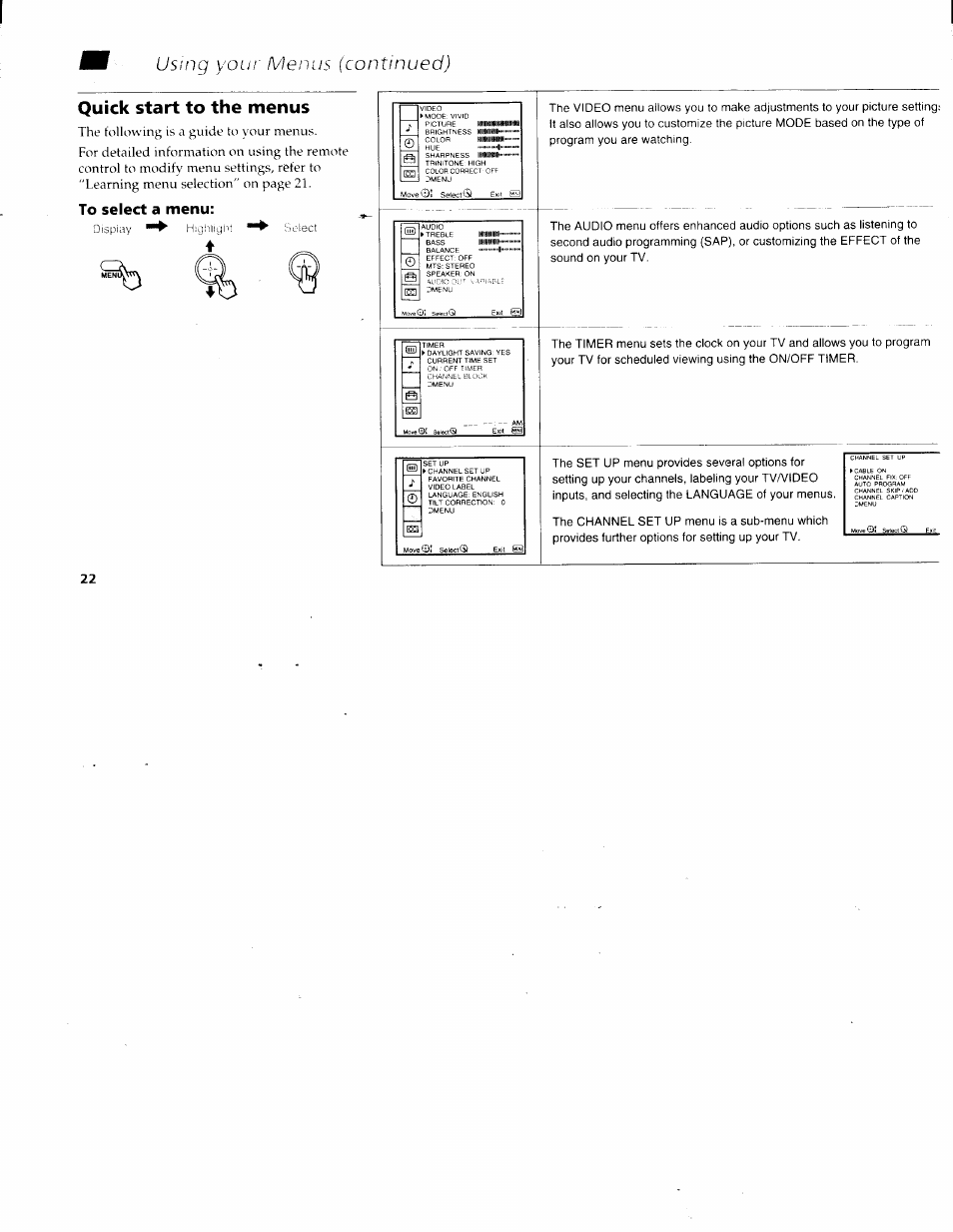 Quick start to the menus, To select a menu, Ouick start to tire menus | Sony KV-36XBR200 User Manual | Page 26 / 42