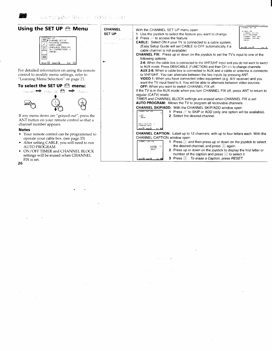 Using the set up 0 menu, Allows the tv to program all receivable channels | Sony KV-36XBR200 User Manual | Page 30 / 42