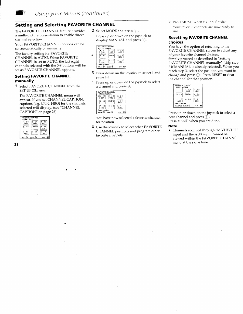 Note, Select, Press down on the joystick to select | Setting favorite channel manually, Q es3, Resetting favorite channel choices | Sony KV-36XBR200 User Manual | Page 32 / 42