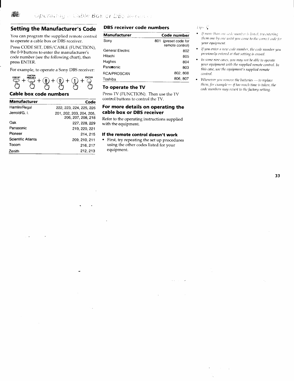 Setting the manufacturer's code, Dbs receiver code numbers, Cable box code numbers | Manufacturer, To operate the tv, If the remote control doesn't work | Sony KV-36XBR200 User Manual | Page 37 / 42