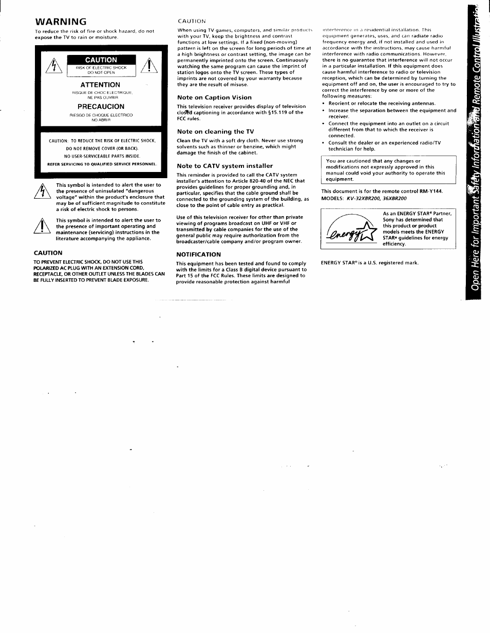 Caution, Attention, Precaucion | Warning | Sony KV-36XBR200 User Manual | Page 4 / 42