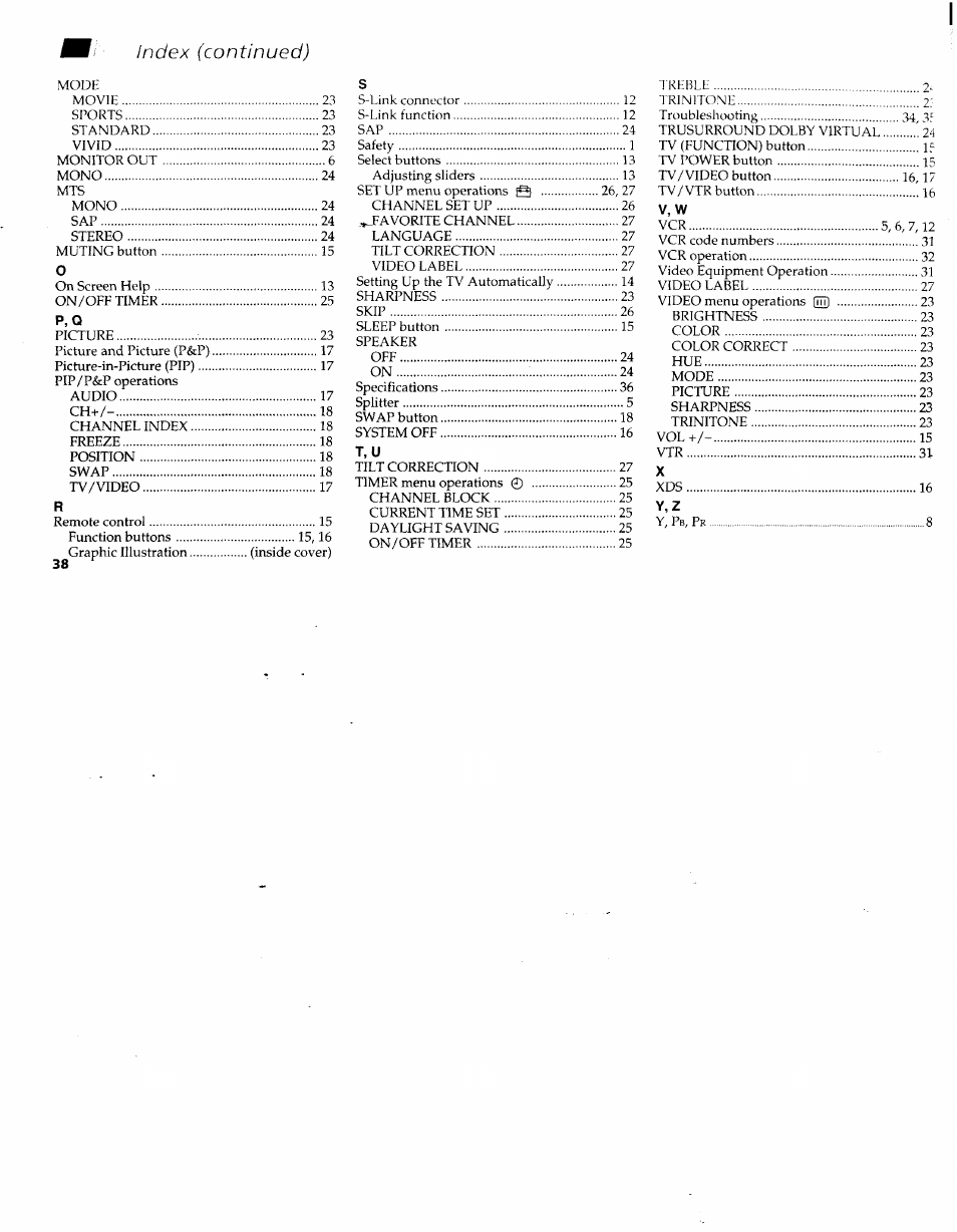 V, w | Sony KV-36XBR200 User Manual | Page 42 / 42
