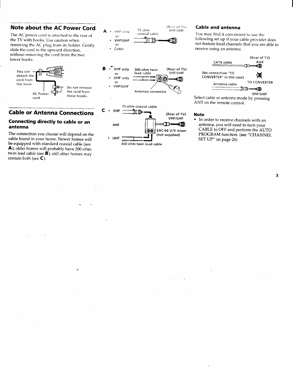 Connecting directly to cable or an antenna, Cable and antenna, Note | Cable or antenna connections | Sony KV-36XBR200 User Manual | Page 7 / 42