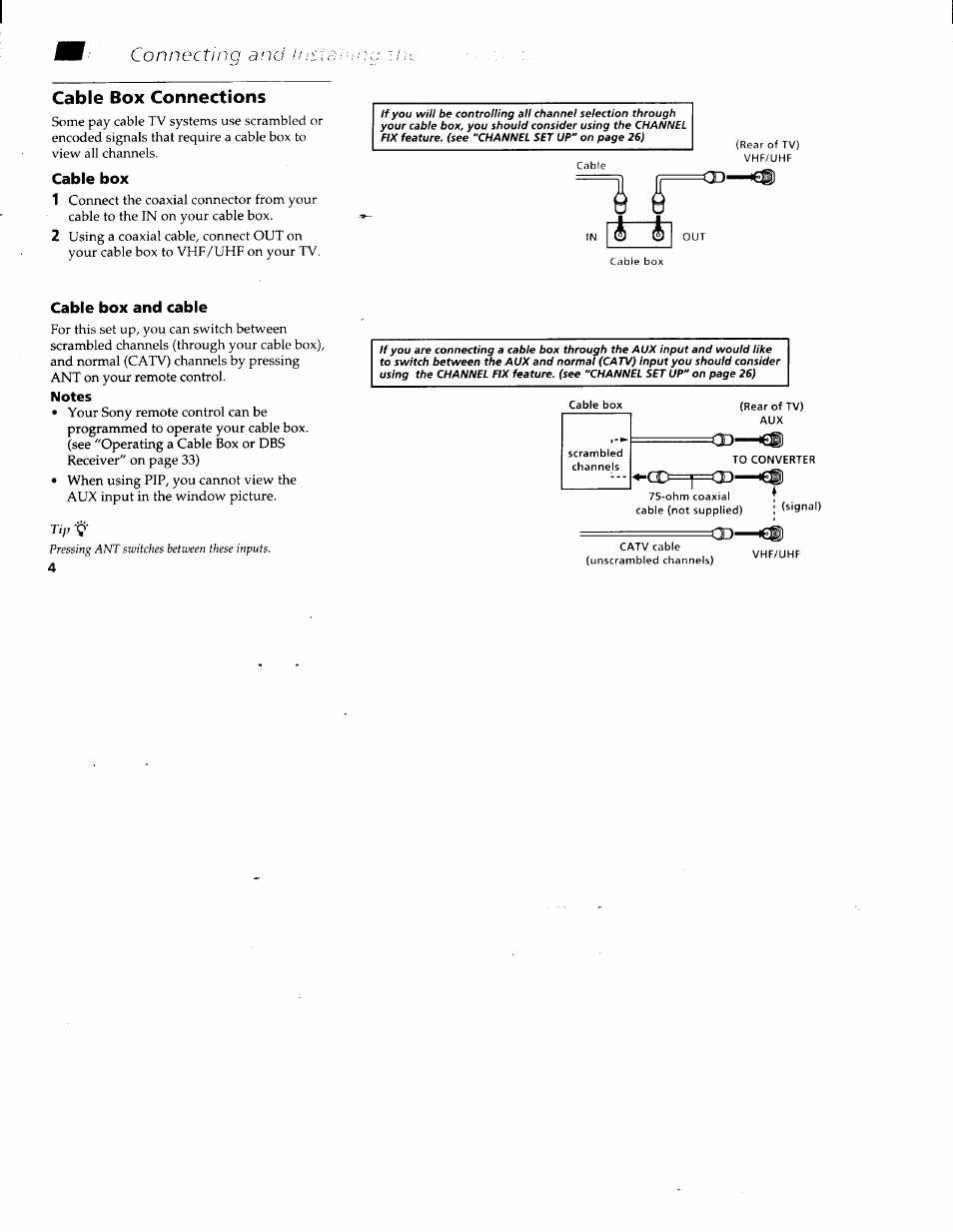 Cable box connections, Cable box, Cable box and cable | Cable or antenna connections, Cable box cable box and cable, Connecting and | Sony KV-36XBR200 User Manual | Page 8 / 42