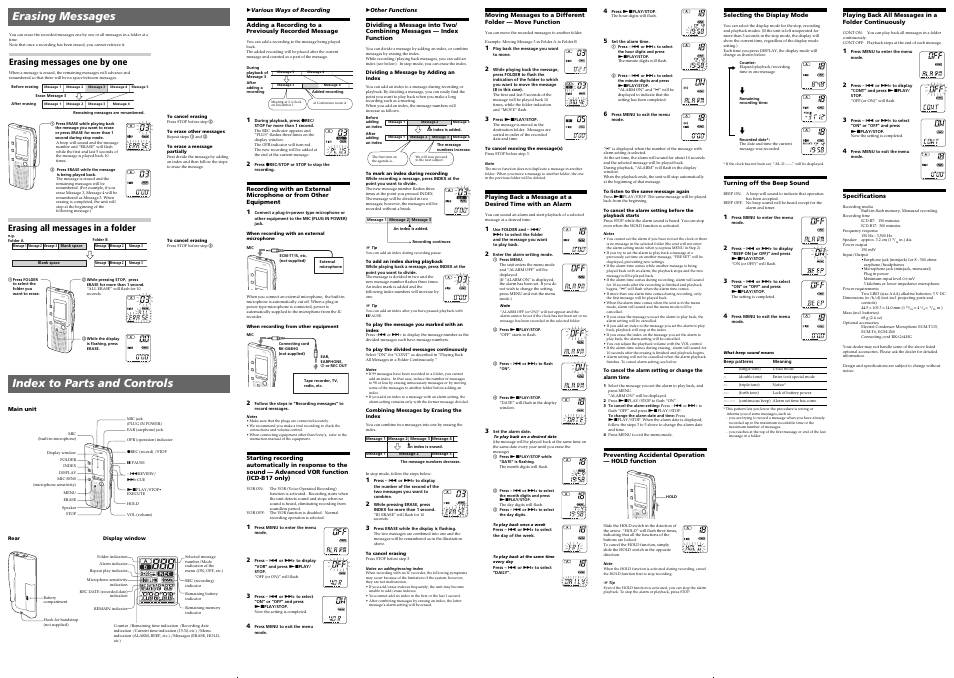 Erasing messages, Index to parts and controls, Erasing messages one by one | Erasing all messages in a folder | Sony ICD-B17 User Manual | Page 2 / 2
