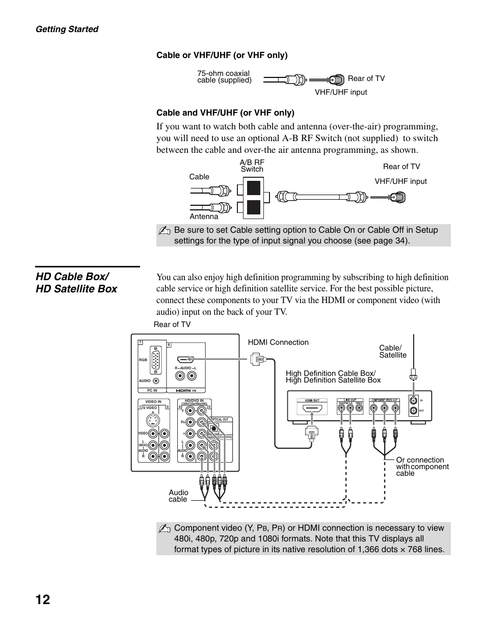 Hd cable box/ hd satellite box, Hd cable box/hd satellite box, Ab a | Getting started, Component video (y, p | Sony KDL-V32XBR2 User Manual | Page 12 / 48