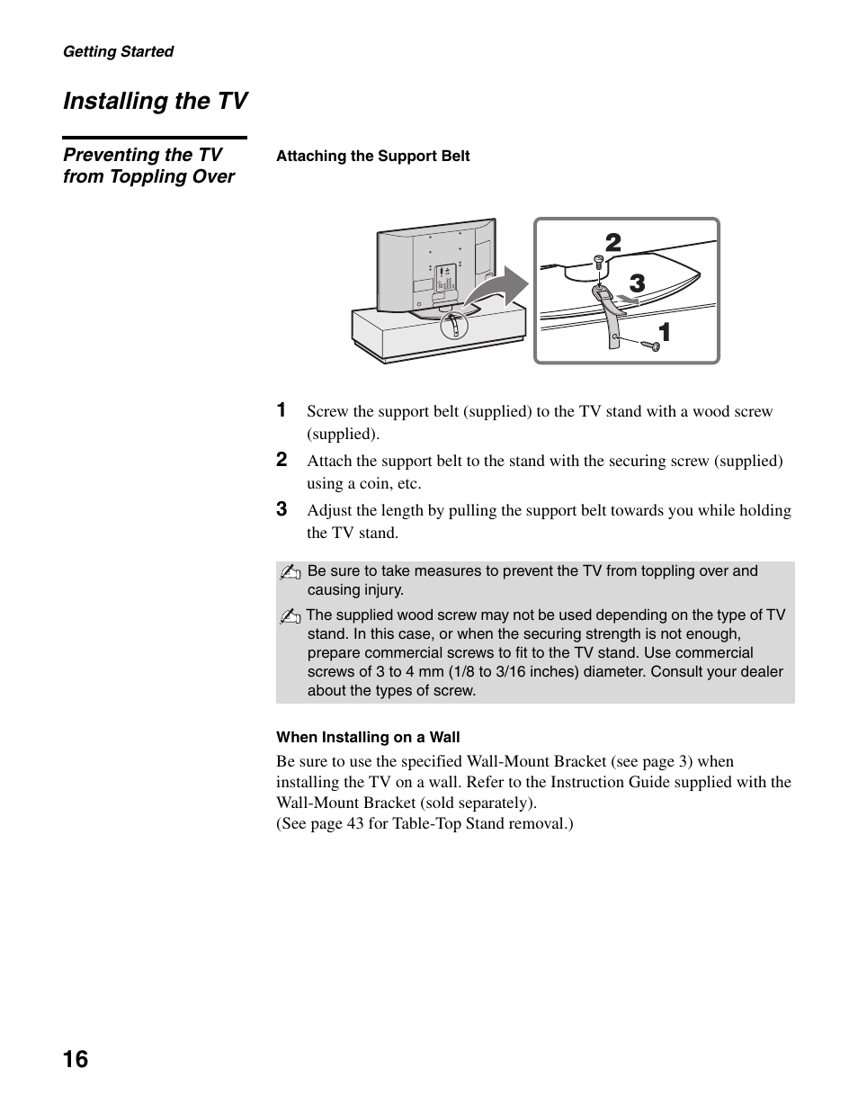 Installing the tv, Preventing the tv from toppling over, 16 installing the tv | Sony KDL-V32XBR2 User Manual | Page 16 / 48