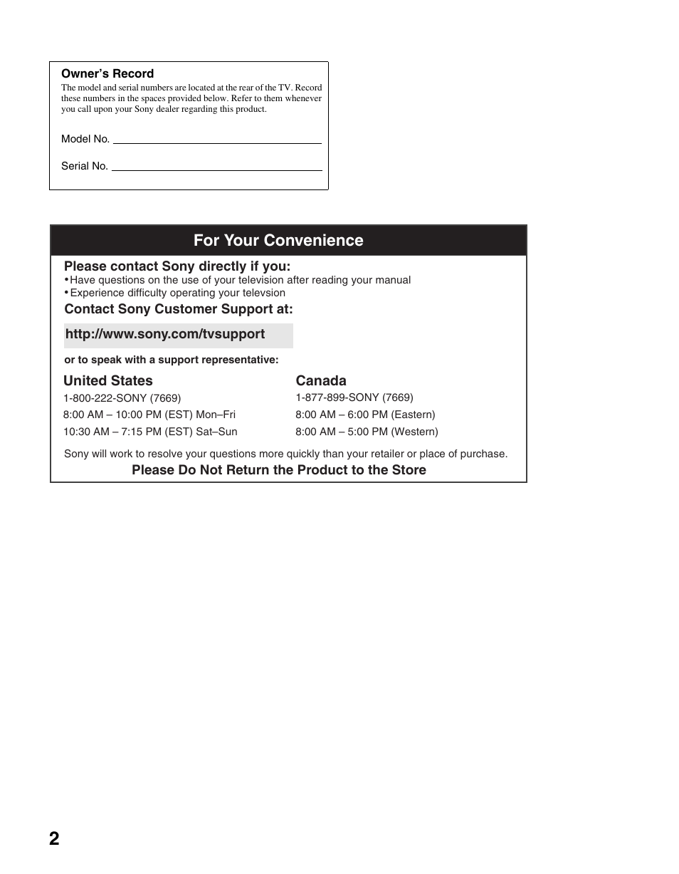 For your convenience | Sony KDL-V32XBR2 User Manual | Page 2 / 48