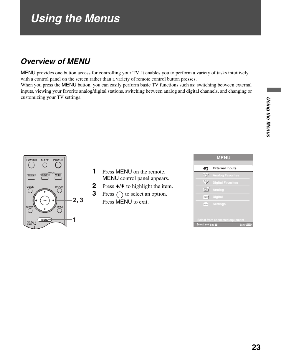 Using the menus, Overview of menu | Sony KDL-V32XBR2 User Manual | Page 23 / 48