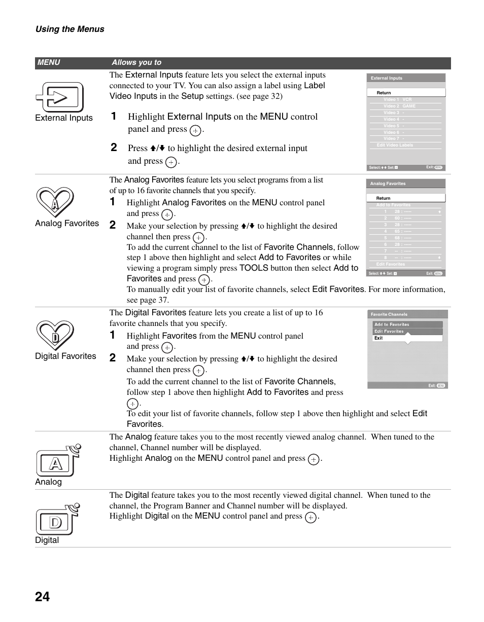 Using the menus | Sony KDL-V32XBR2 User Manual | Page 24 / 48