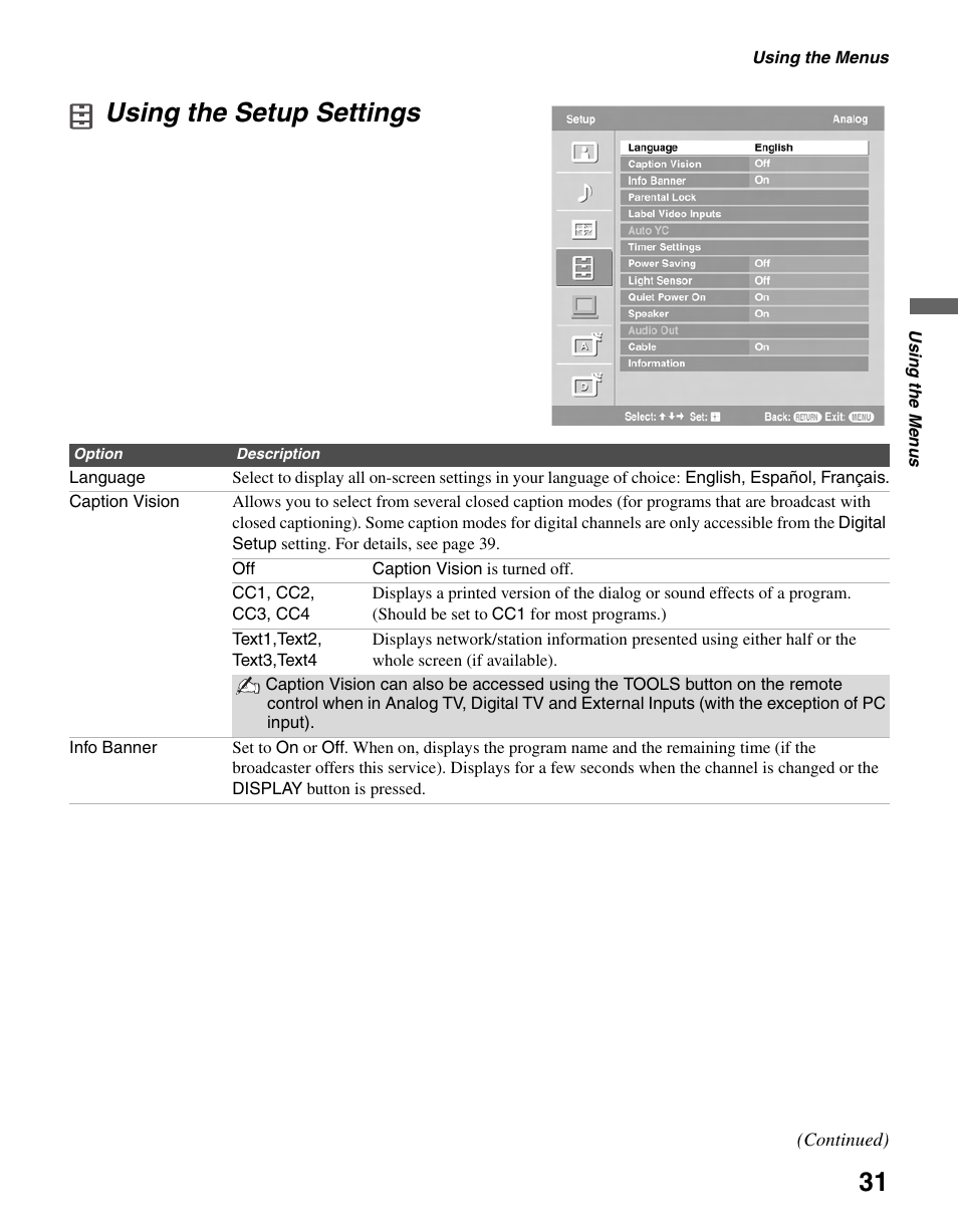 Using the setup settings | Sony KDL-V32XBR2 User Manual | Page 31 / 48