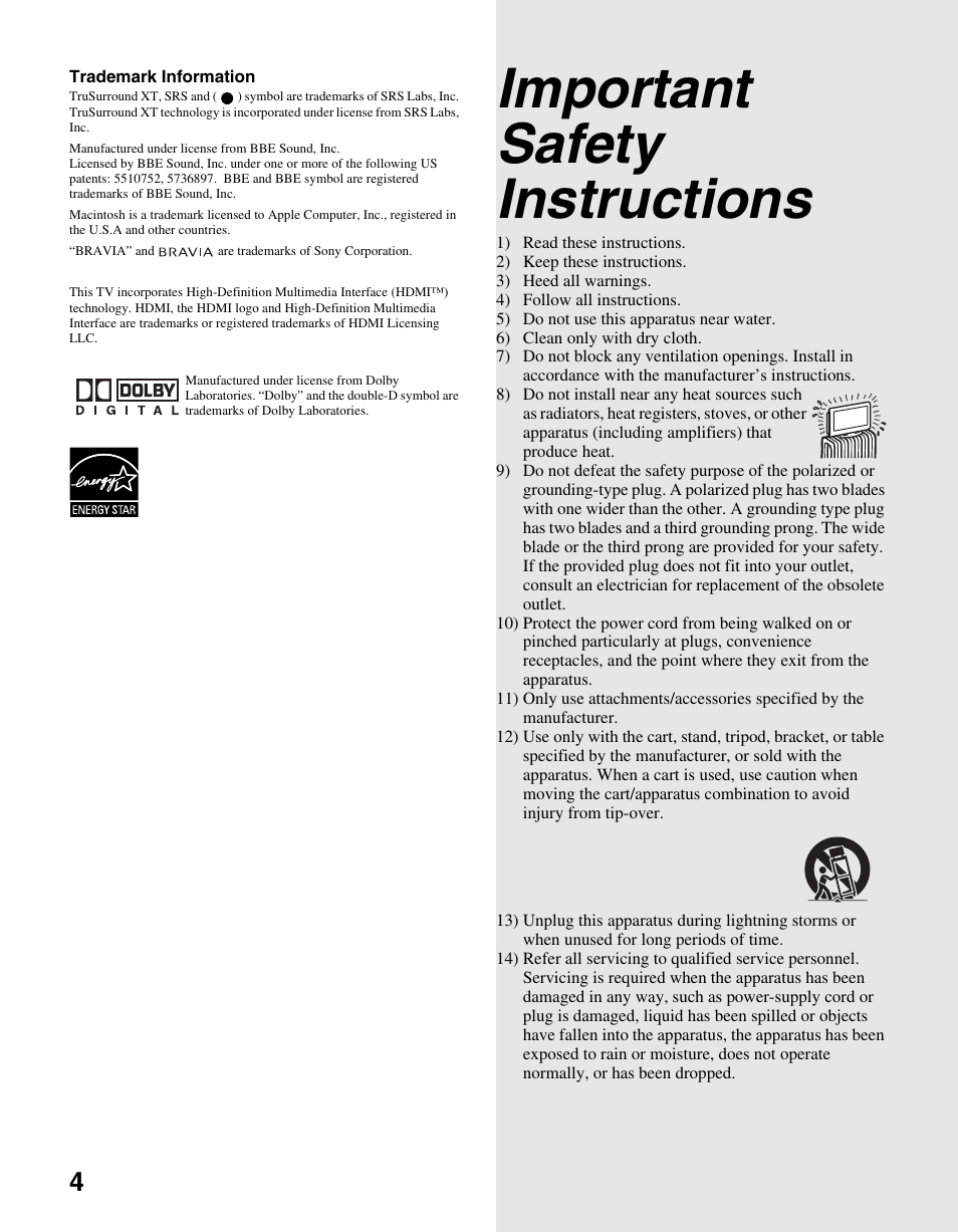 Important safety instructions | Sony KDL-V32XBR2 User Manual | Page 4 / 48