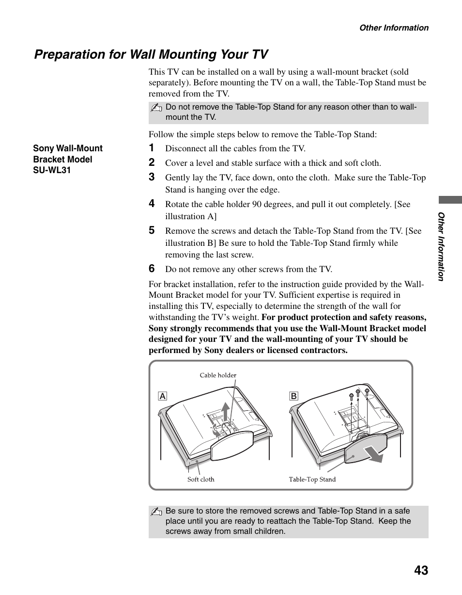 Preparation for wall mounting your tv | Sony KDL-V32XBR2 User Manual | Page 43 / 48