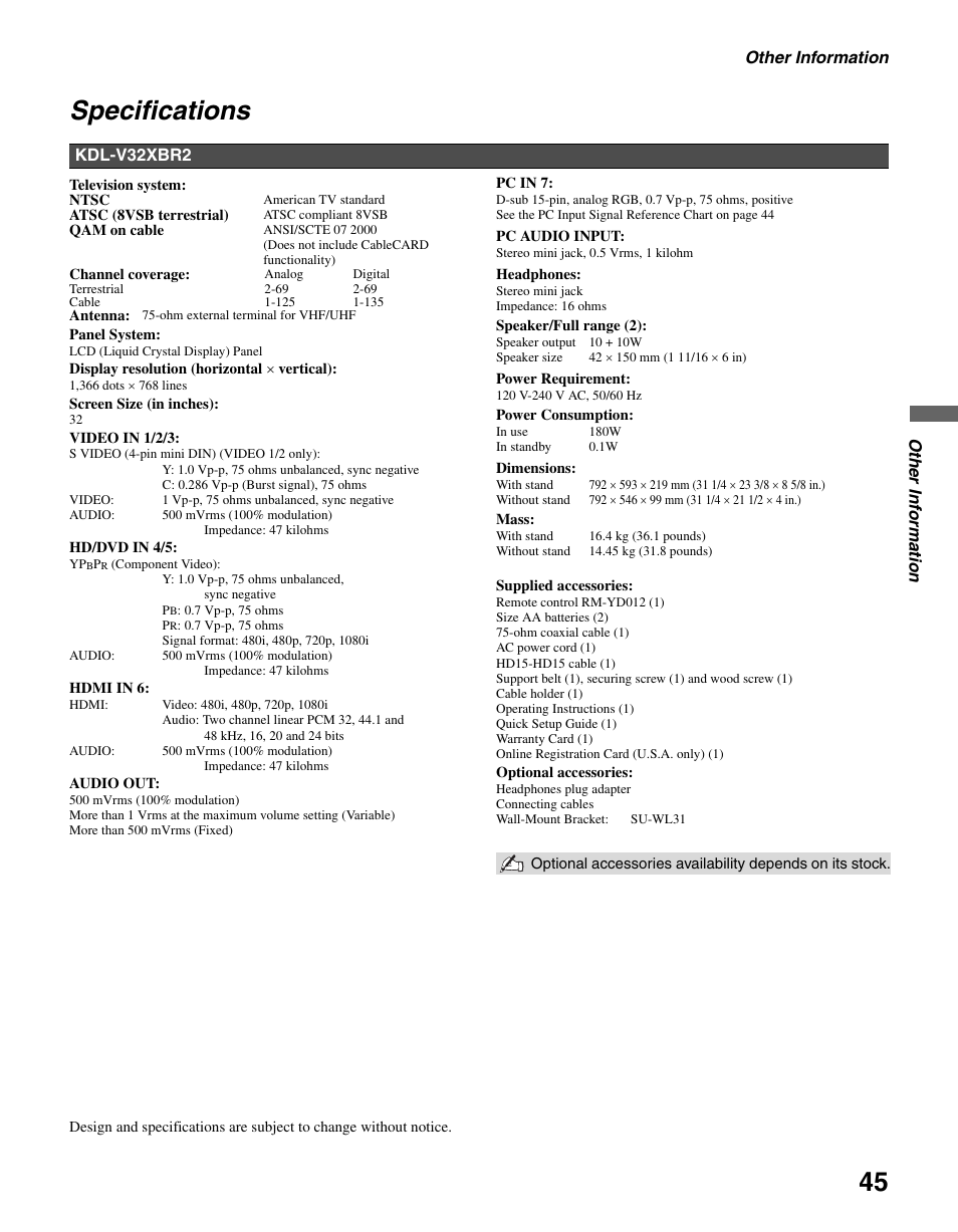 Specifications | Sony KDL-V32XBR2 User Manual | Page 45 / 48