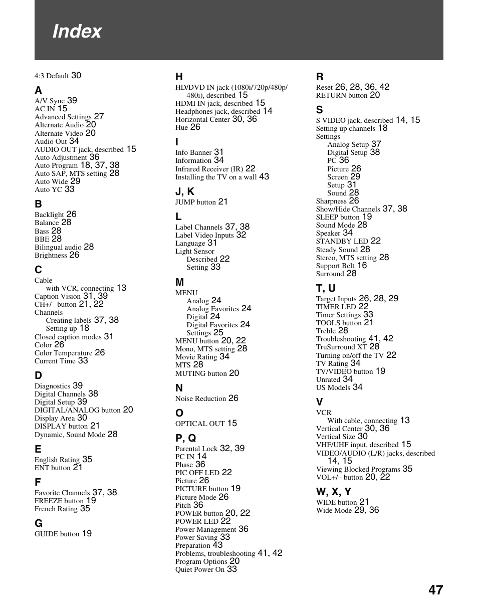 Index | Sony KDL-V32XBR2 User Manual | Page 47 / 48