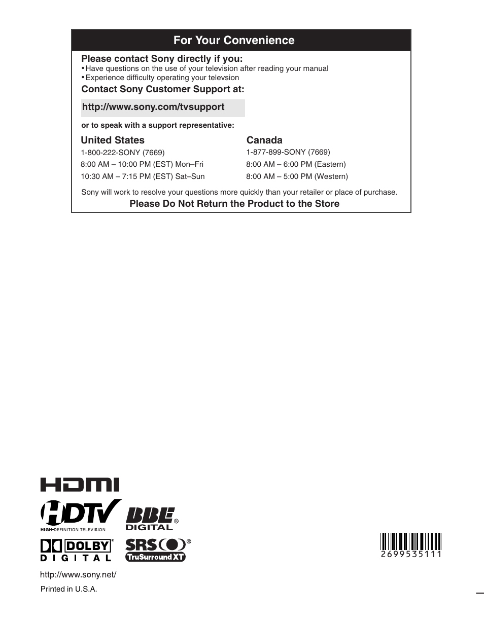 For your convenience, United states, Canada | Sony KDL-V32XBR2 User Manual | Page 48 / 48