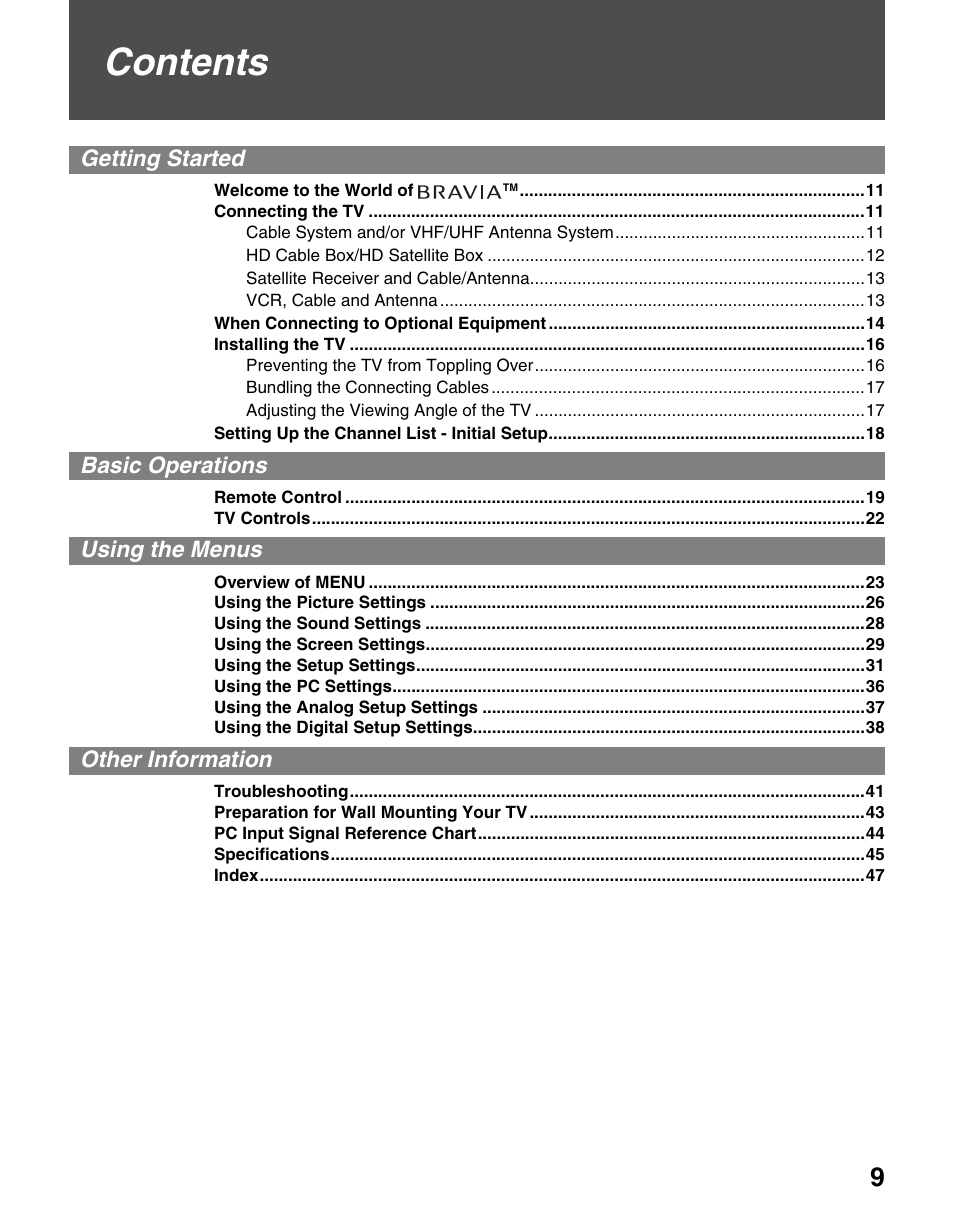 Sony KDL-V32XBR2 User Manual | Page 9 / 48