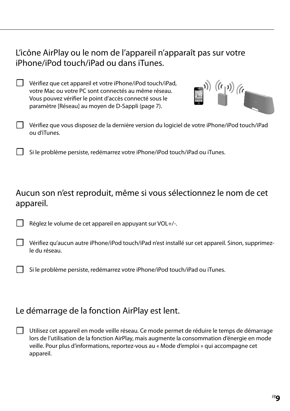 En cas de problème, vérifiez les points suivants | Sony RDP-XA900iPN User Manual | Page 17 / 28