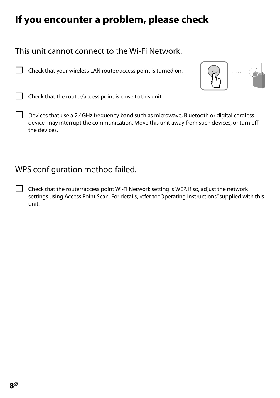 If you encounter a problem, please check | Sony RDP-XA900iPN User Manual | Page 8 / 28
