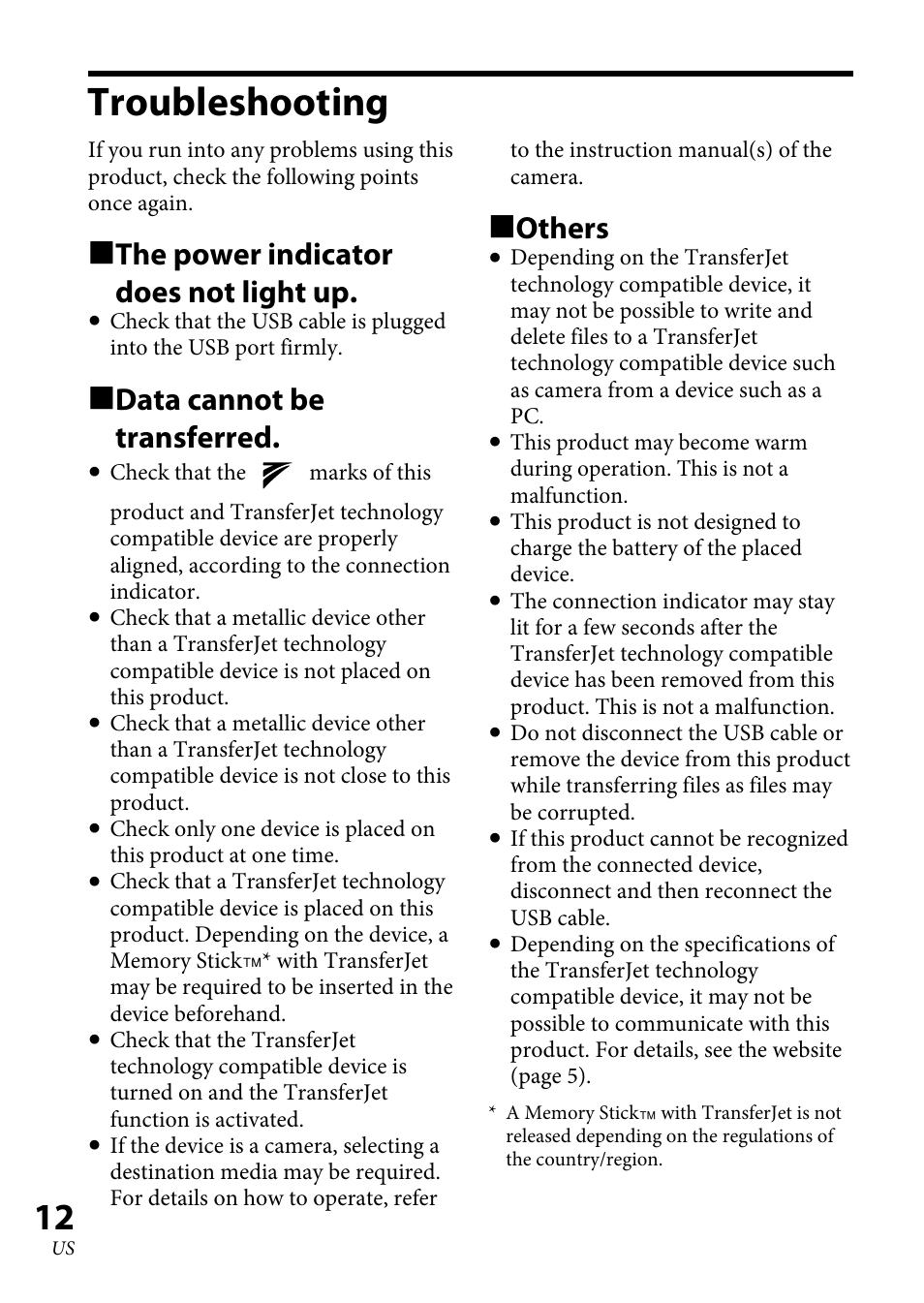 Troubleshooting, The power indicator does not light up, Data cannot be transferred | Others | Sony TJS-1 User Manual | Page 12 / 44