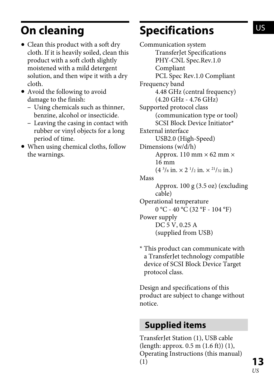 On cleaning, Specifications, On cleaning  specifications | Supplied items | Sony TJS-1 User Manual | Page 13 / 44