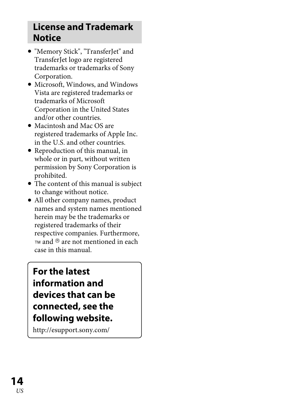 License and trademark notice | Sony TJS-1 User Manual | Page 14 / 44