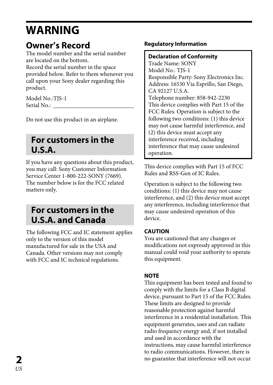 Warning, Owner’s record, For customers in the u.s.a | For customers in the u.s.a. and canada | Sony TJS-1 User Manual | Page 2 / 44