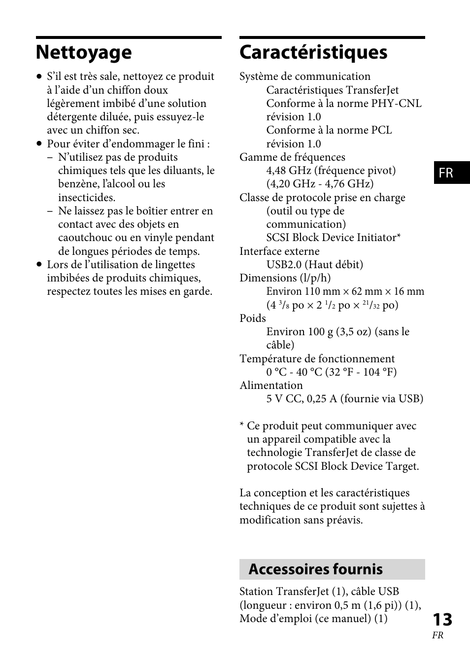 Nettoyage, Caractéristiques, Nettoyage  caractéristiques | Accessoires fournis | Sony TJS-1 User Manual | Page 27 / 44