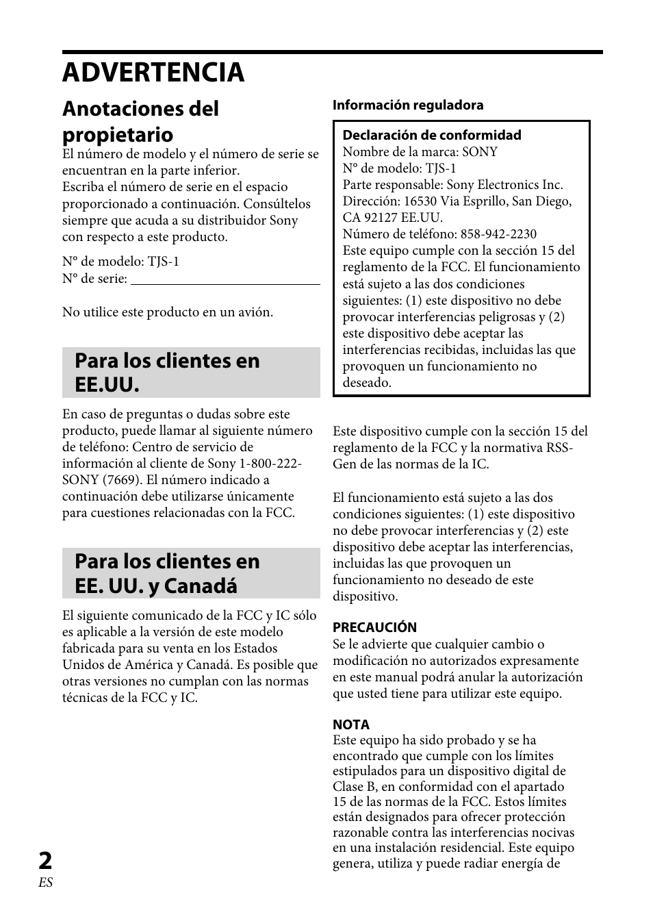 Advertencia, Anotaciones del propietario, Para los clientes en ee.uu | Para los clientes en ee. uu. y canadá | Sony TJS-1 User Manual | Page 30 / 44