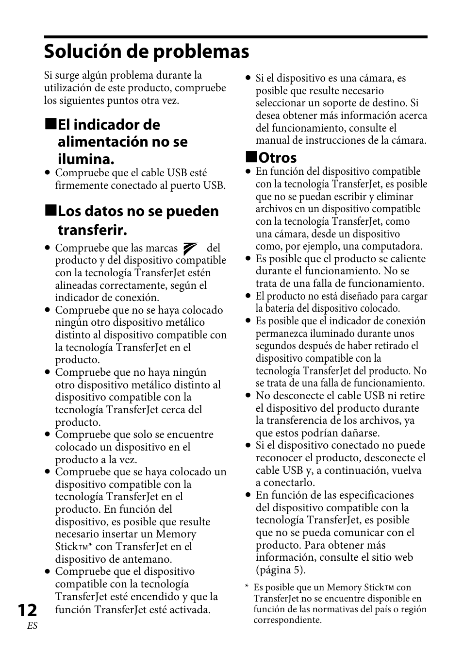 Solución de problemas, El indicador de alimentación no se ilumina, Los datos no se pueden transferir | Otros | Sony TJS-1 User Manual | Page 40 / 44