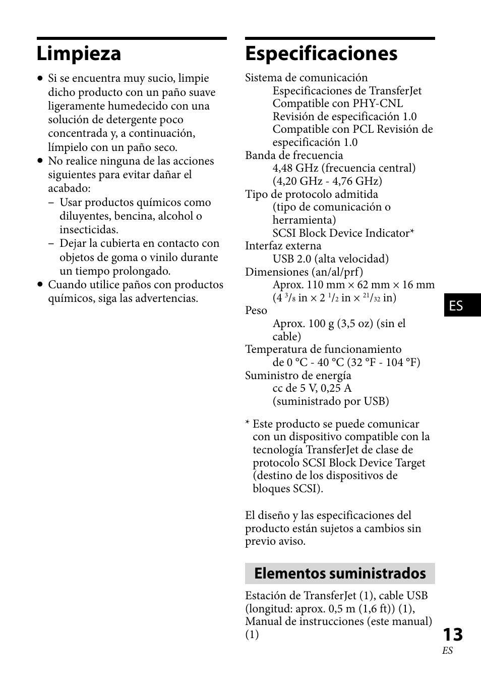 Limpieza, Especificaciones, Limpieza  especificaciones | Elementos suministrados | Sony TJS-1 User Manual | Page 41 / 44