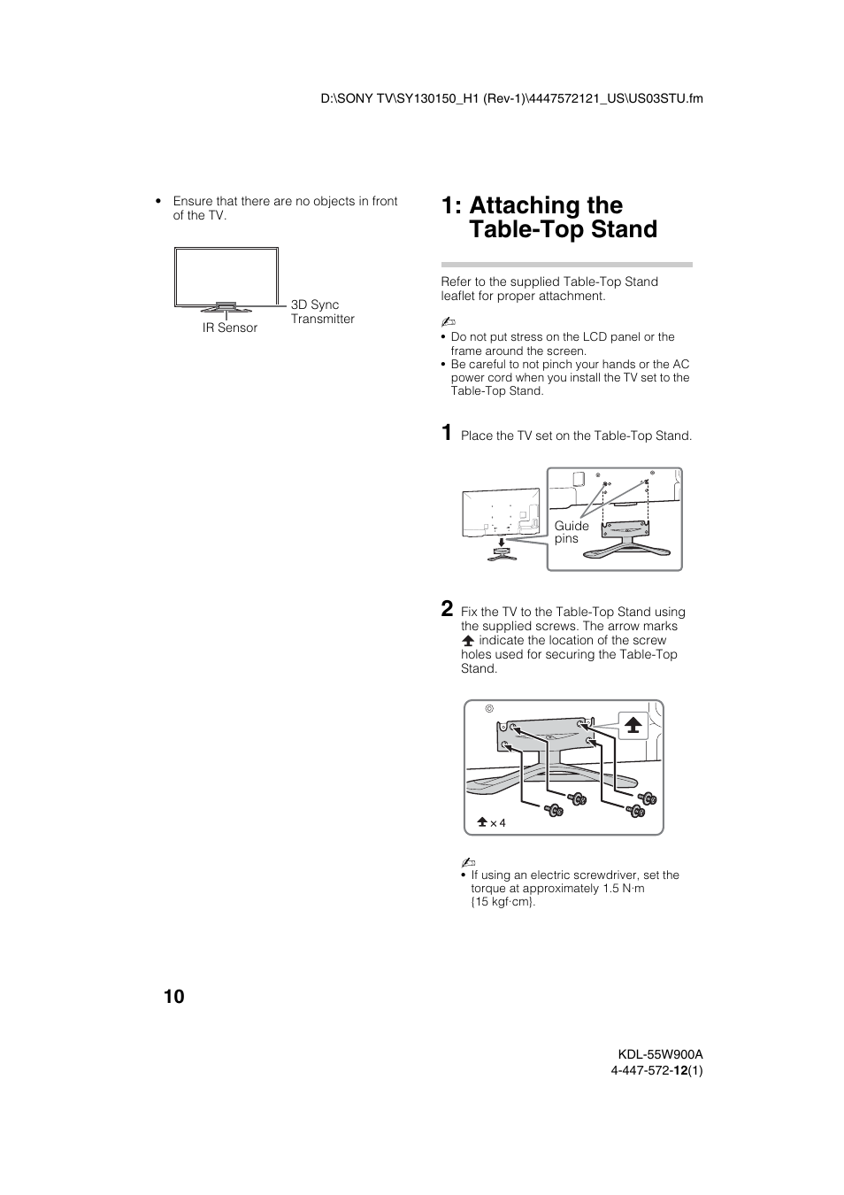 Attaching the table-top stand | Sony KDL-55W900A User Manual | Page 10 / 36