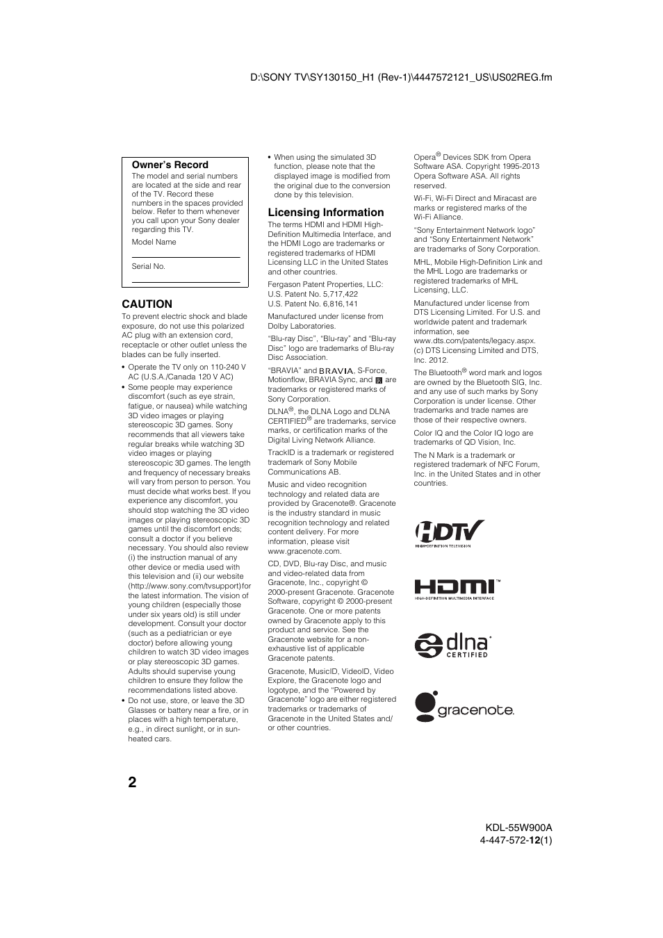 Caution, Licensing information | Sony KDL-55W900A User Manual | Page 2 / 36