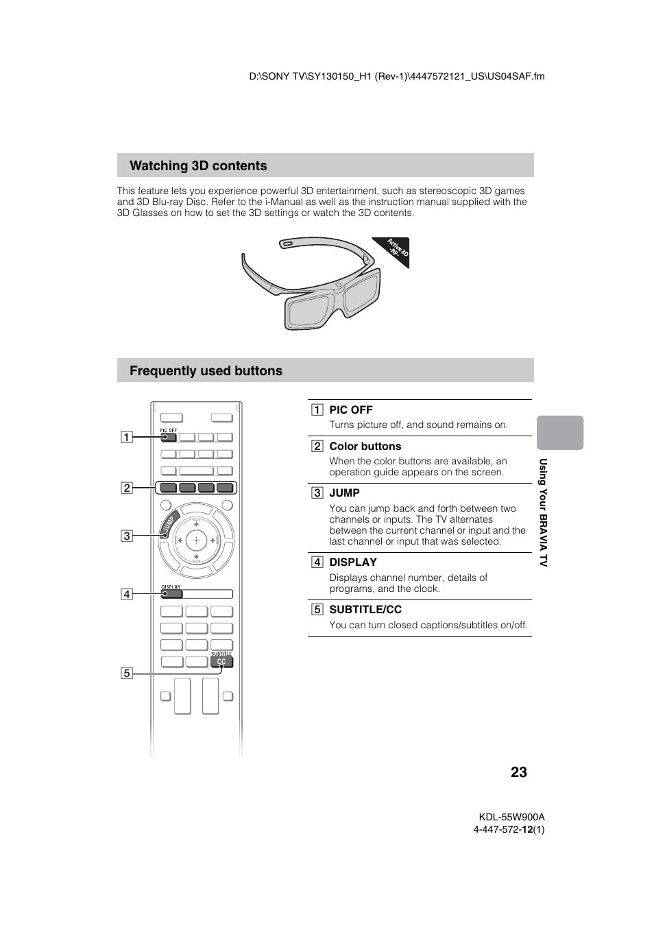 Watching 3d contents frequently used buttons | Sony KDL-55W900A User Manual | Page 23 / 36