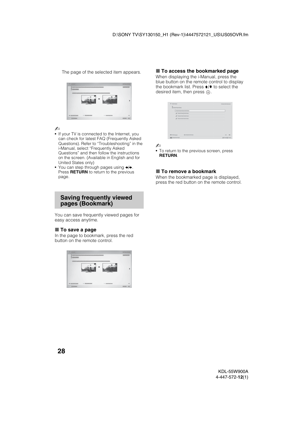 Saving frequently viewed pages (bookmark) | Sony KDL-55W900A User Manual | Page 28 / 36