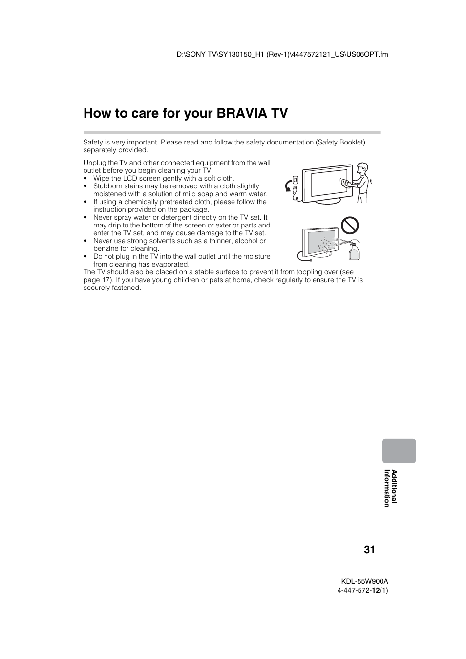 How to care for your bravia tv | Sony KDL-55W900A User Manual | Page 31 / 36