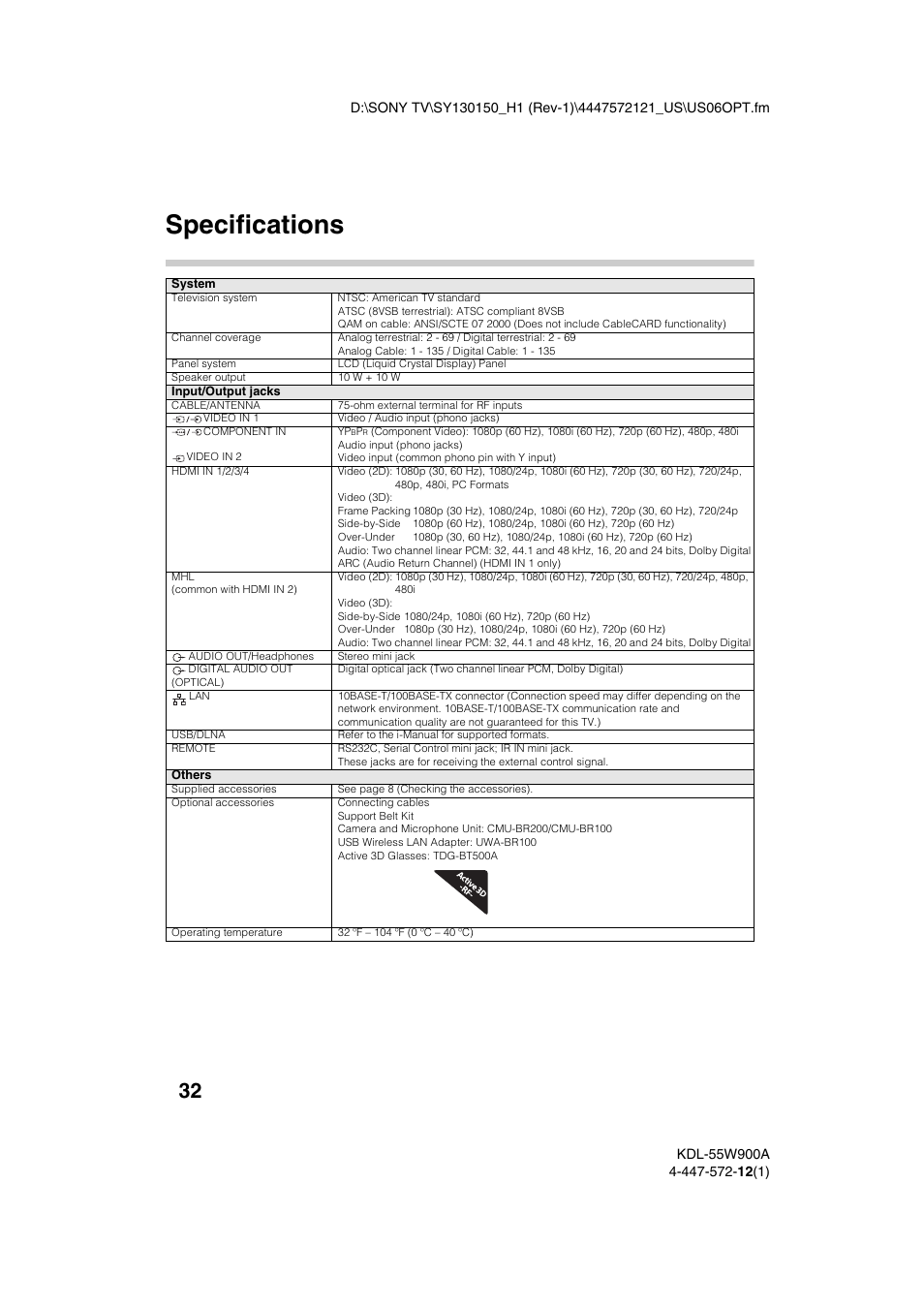 Specifications | Sony KDL-55W900A User Manual | Page 32 / 36