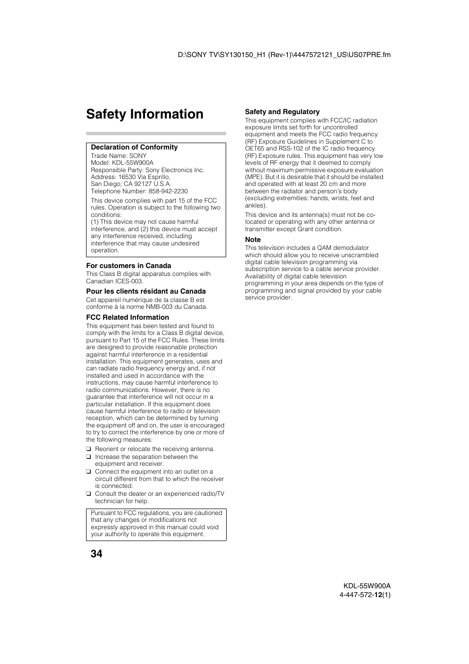 Safety information | Sony KDL-55W900A User Manual | Page 34 / 36